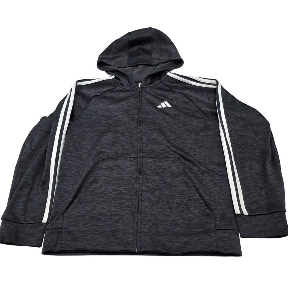 Adidas Full Zip Hoodie Boys Size 14/16 Black Heather 3-Stripe Fleece Sweatshirt
